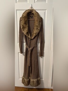bebe Taupe Knit Wrap Cardigan with Faux Fur Trim